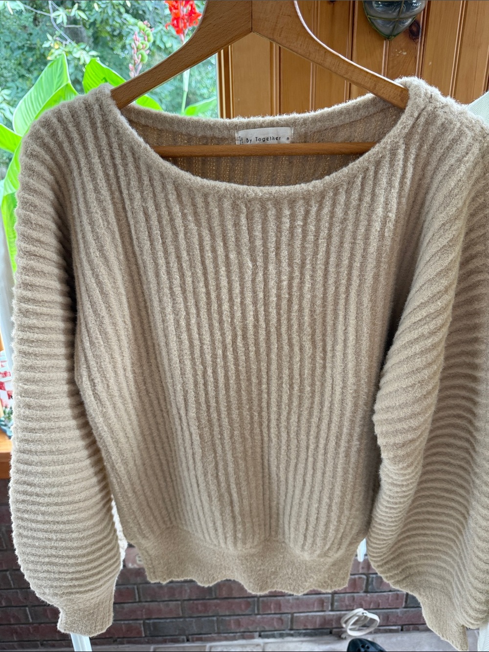 Together Textured Scoopneck Bubble Sleeve Sweater in Beige